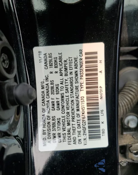 2019 Honda Civic Lx from USA, damaged, VIN 2HGFC2F67KH511570